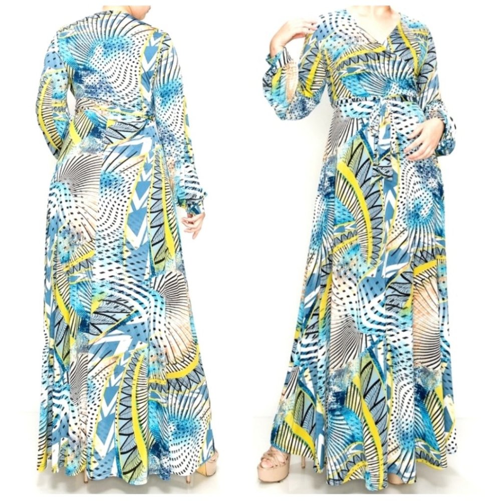 Janette Fashion Blue Sea Breeze Bell Long Sleeve Faux Wrap Maxi Plus Size Dress